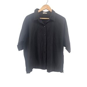 Eileen Fisher Shirt Womens L F18LNH Black Organic Cotton Linen Button Down EUC